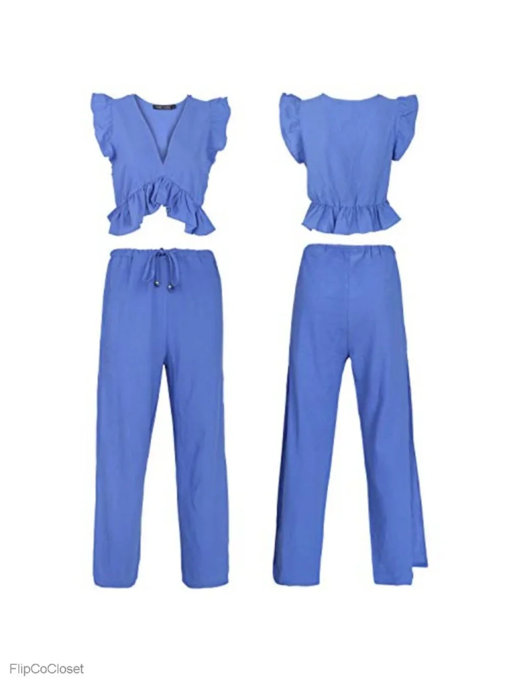 Women's 2 Piece Outfit V Neck Ruffle Crop Top Wide Leg Pants 65% Cotton 35%
